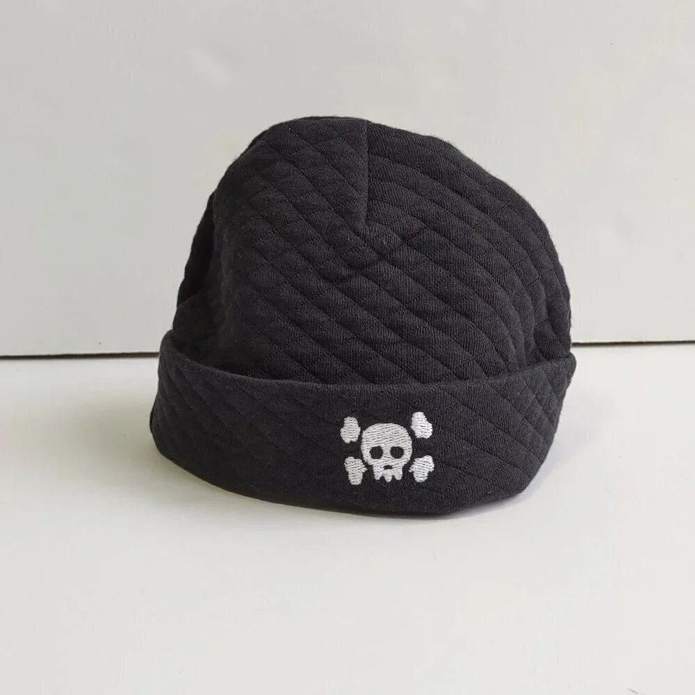 Vintage Gerber Embroidered Skull Baby Beanie Quilted Cotton Black Sz 6-9 Months